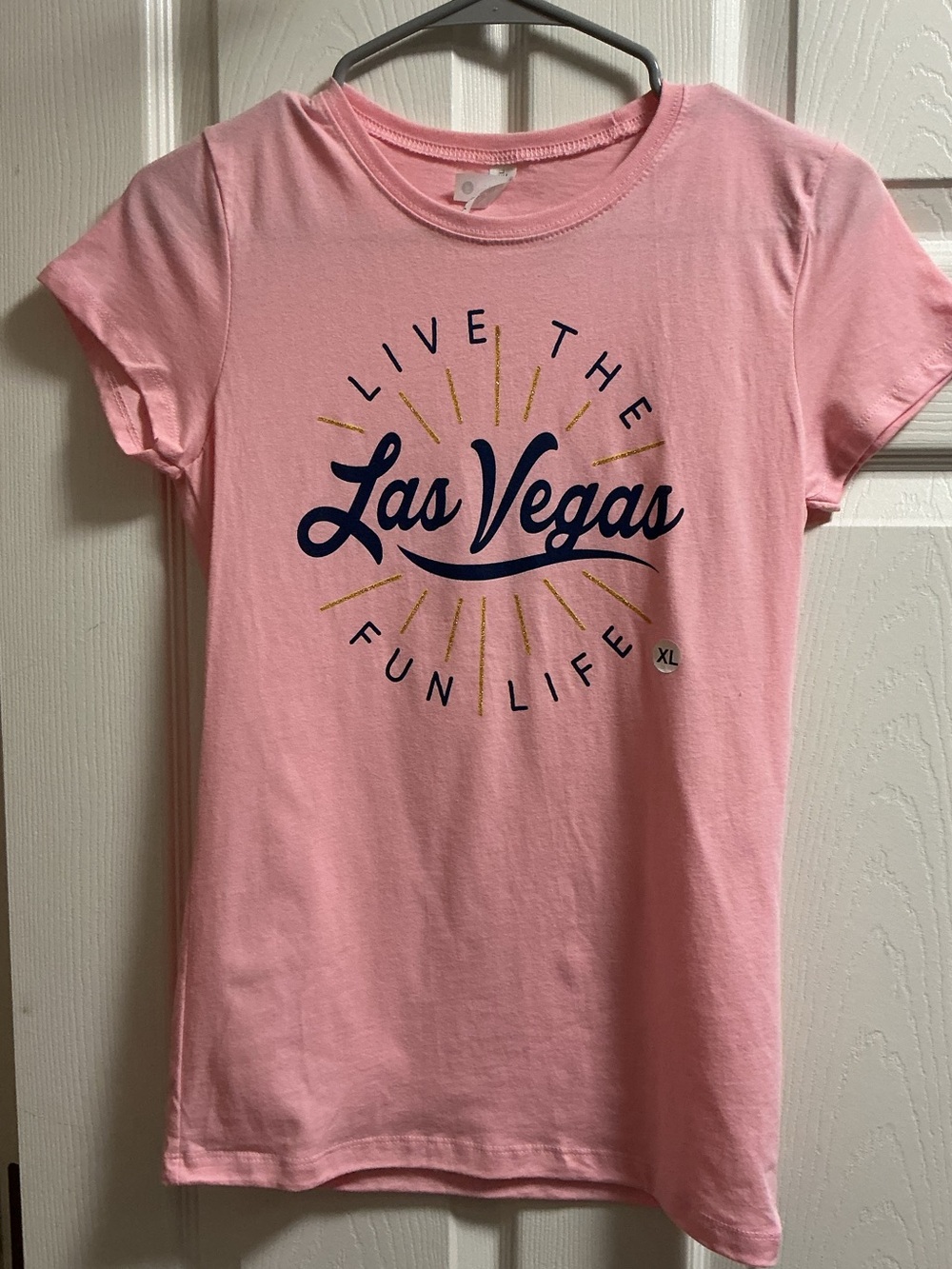 Next Level Apparel Girls' Pink Las Vegas Graphic Tee with Navy and Gold Print